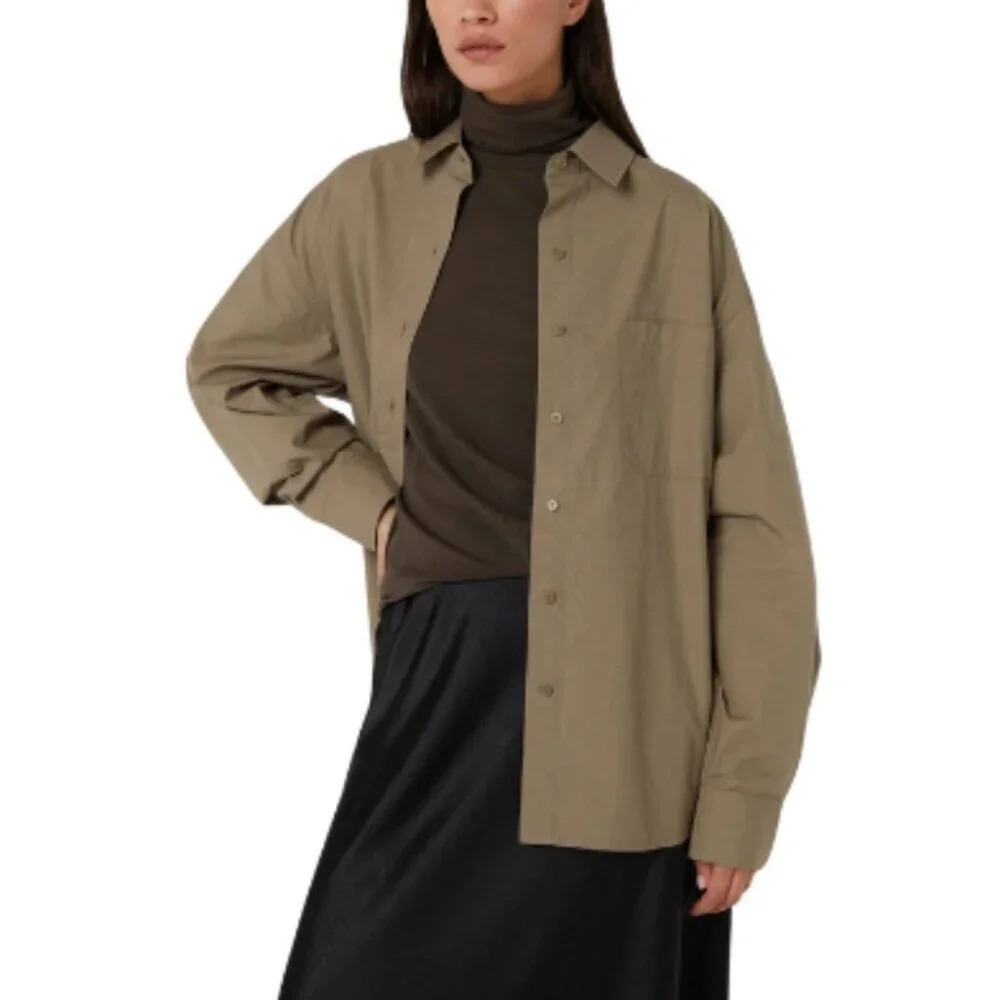 Oak + Fort Womens Small Poplin Taupe Button Oversized Shirt